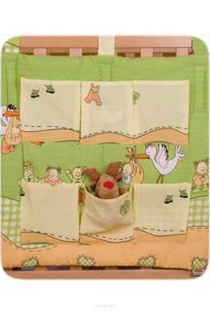 Storks in green seersucker bedclothing(NATIBABY hanging pocket) 